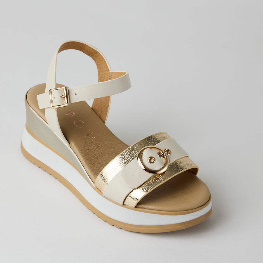 Repo Medium Wedge Cream and Gold Leather Sandals