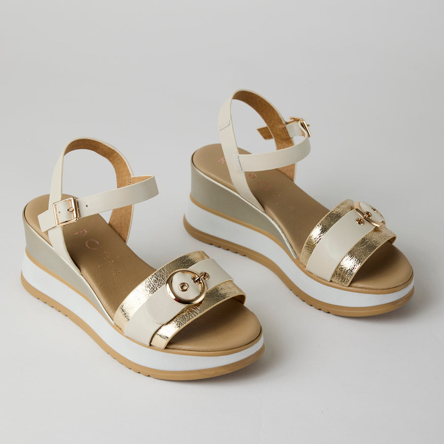 Repo Medium Wedge Cream and Gold Leather Sandals