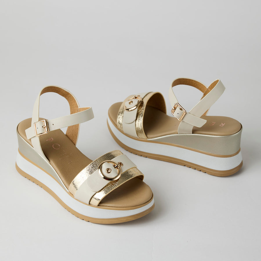 Repo Medium Wedge Cream and Gold Leather Sandals