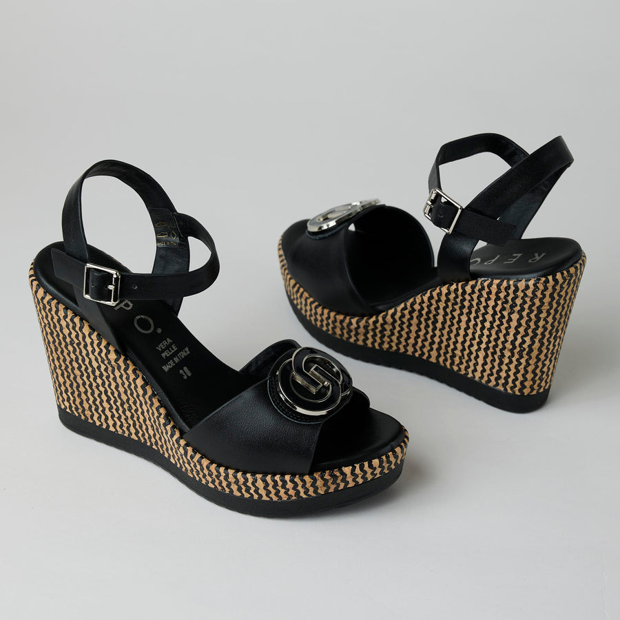 Repo High Wedge Black Leather Sandals