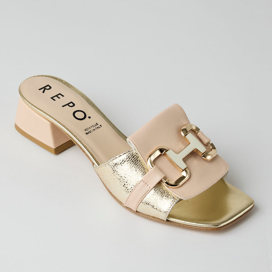 Repo Blush Nude Leather and Platino Metallic Leather Slider Sandals