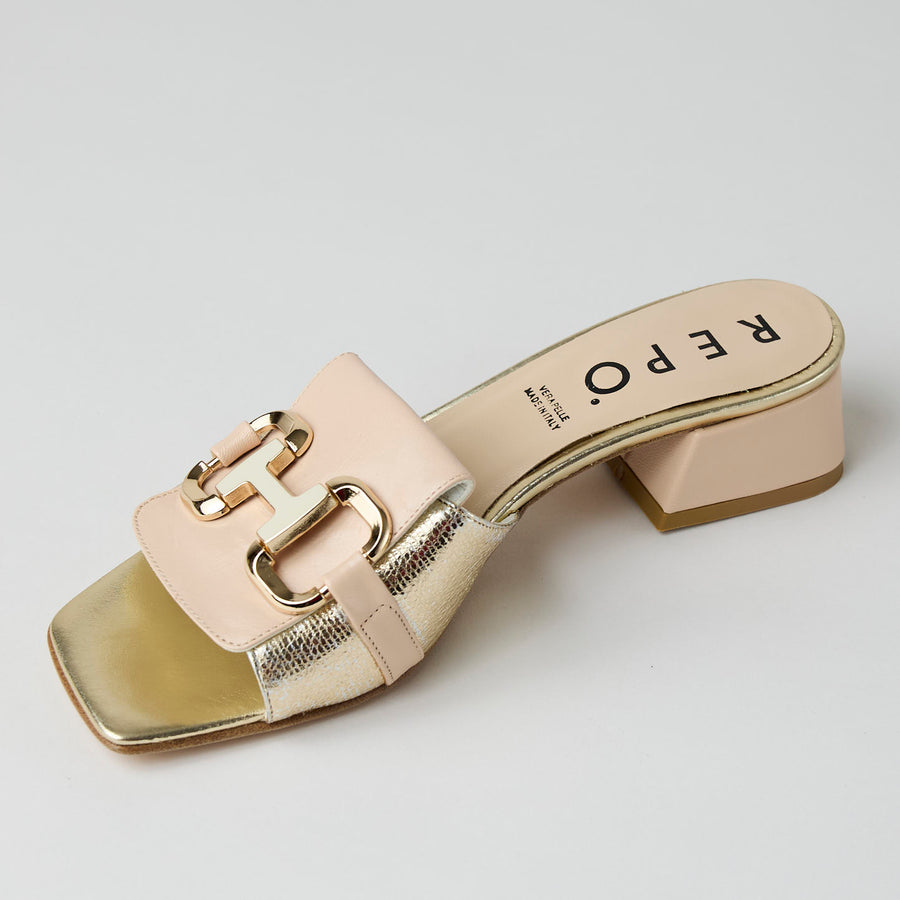 Repo Blush Nude Leather and Platino Metallic Leather Slider Sandals