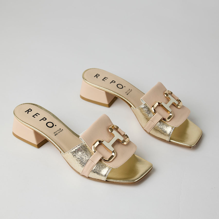 Repo Blush Nude Leather and Platino Metallic Leather Slider Sandals