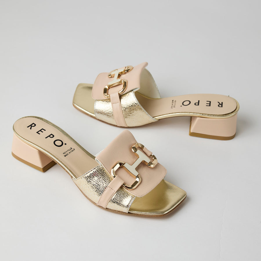 Repo Blush Nude Leather and Platino Metallic Leather Slider Sandals