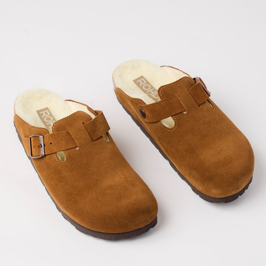 Rohde Tan Suede Leather Shearling Clogs - Nozomi