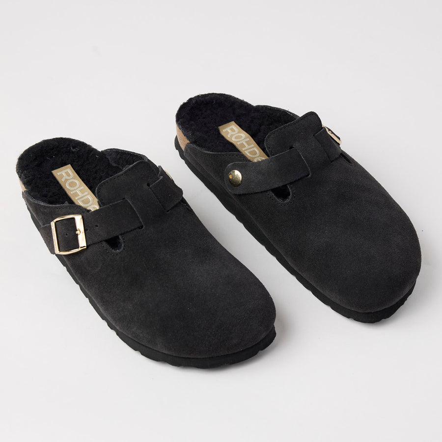 Rohde Charcoal Grey Suede Leather Shearling Clogs - Nozomi