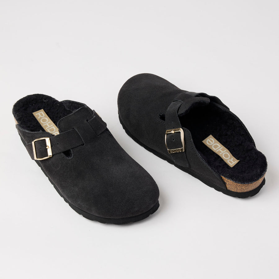 Rohde Charcoal Grey Suede Leather Shearling Clogs - Nozomi