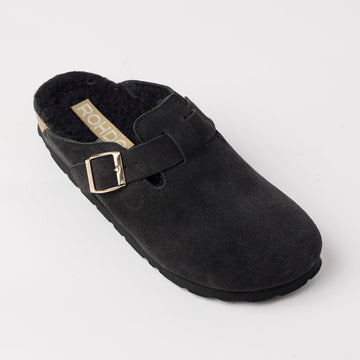 Rohde Charcoal Grey Suede Leather Shearling Clogs - Nozomi