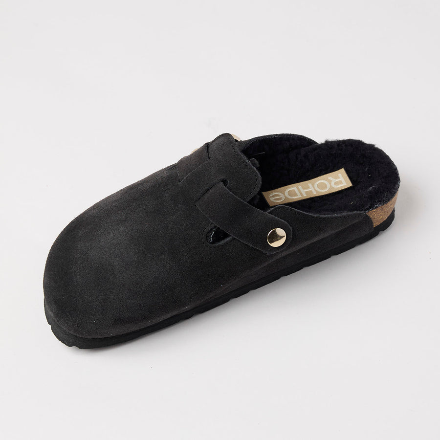 Rohde Charcoal Grey Suede Leather Shearling Clogs - Nozomi