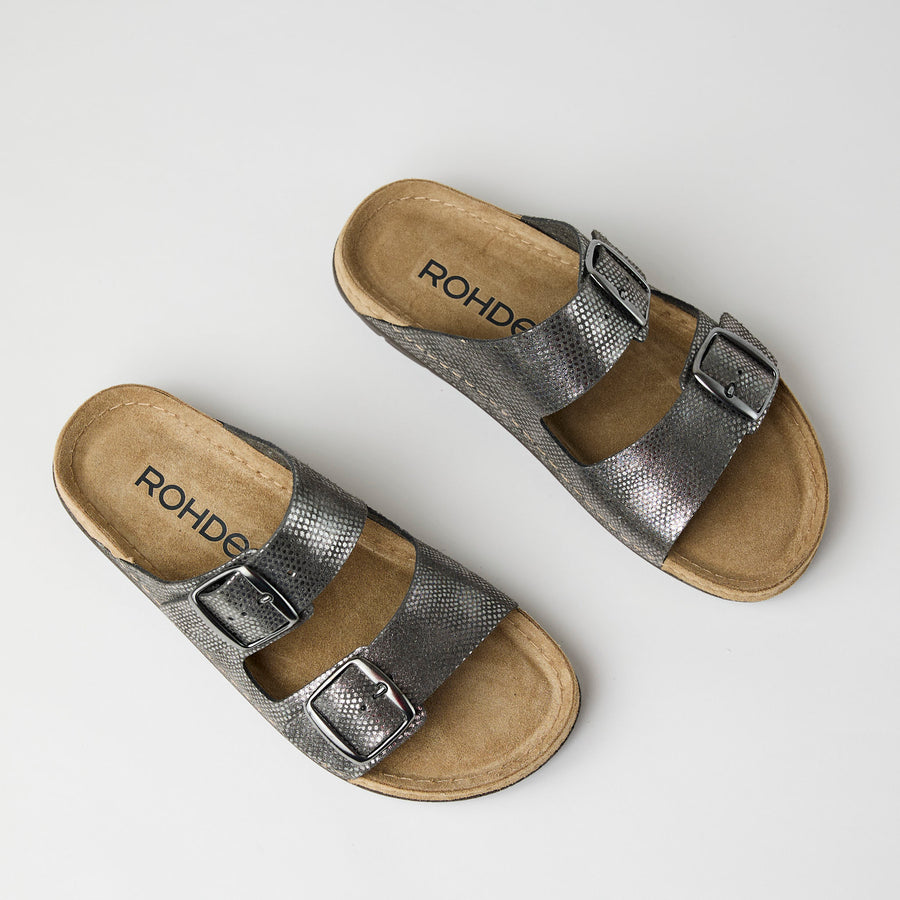 Rohde Charcoal Two Strap Metallic Leather Sandals