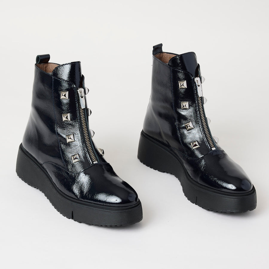 Wonders Navy Patent Leather Ankle Boots - Nozomi