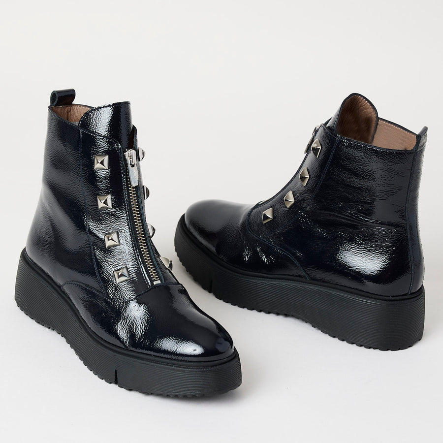 Wonders Navy Patent Leather Ankle Boots - Nozomi