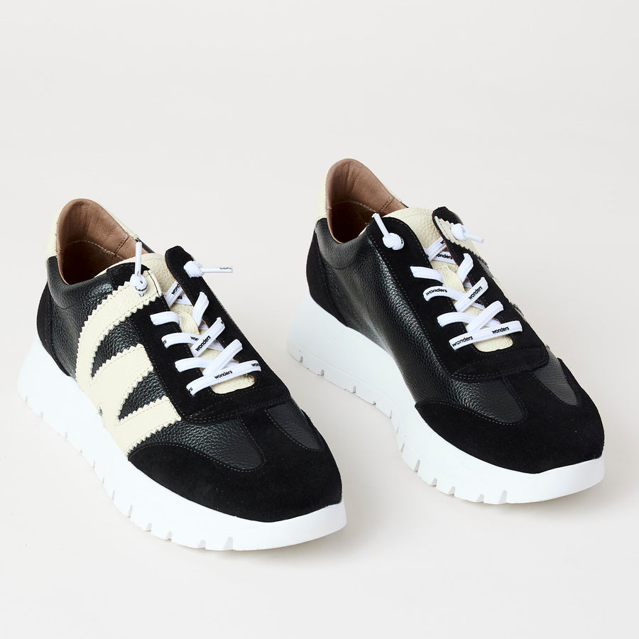 Wonders Black and Cream Suede Leather Trainers - Nozomi